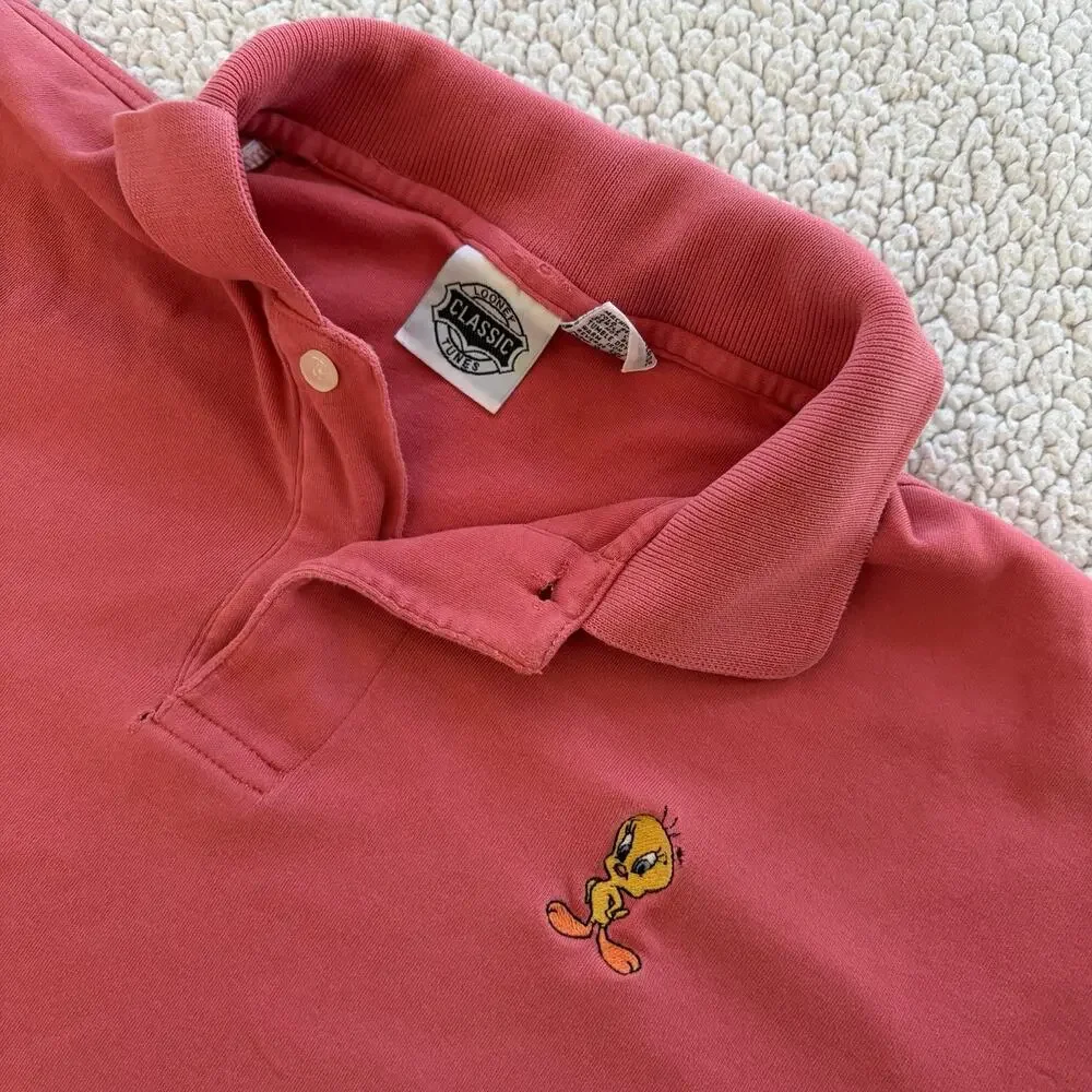 Vintage Looney Tunes Tweety Bird Embroidered Polo Shirt‎ - Medium Red